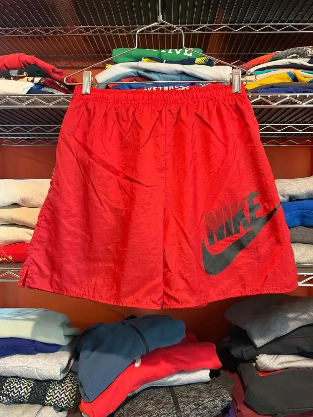 Vintage 90s Nike Red Nylon Windbreaker Shorts with Big Swoosh Mens Medium